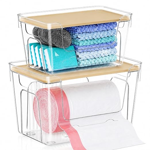 VOOWO Trash Bag Holder, 2 Pack Clear Trash Bag Dispenser with Plastic Lid | Stackable Trash Bag Organizer Fit 13/30 Gallon Bags, Clear Organizer Bins Under Sink for Pantry Kitchen Laundry Room Cabinet