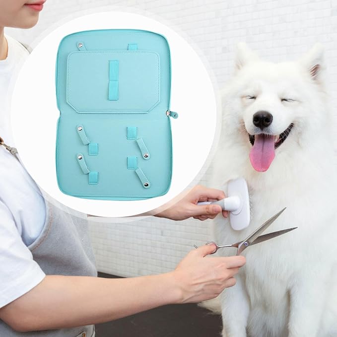 Pet Grooming Tool Storage Case Dog or Cat Grooming Supplies Dog Grooming Bag Portable PU Leather Storage Organizer Suitable for Professional Pet, Blue