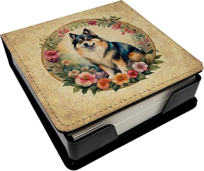 Caroline's Treasures Finnish Lapphund and Flowers PU Leather Note Paper Holder with Artist-Designed Cover, Desk Accessory, Office Gift