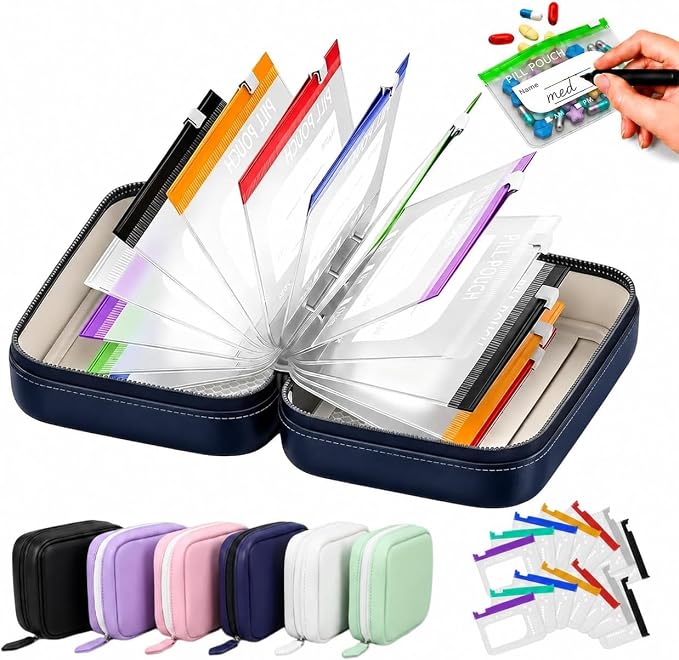 14 Color-Coded Waterproof Pill Pouch Set, Book-Shaped Travel Pill Organizer, Reusable Medication Storage Case for Vitamins, Prescription Pills, College Dorm Daily Use and Pet Supplements，Blue
