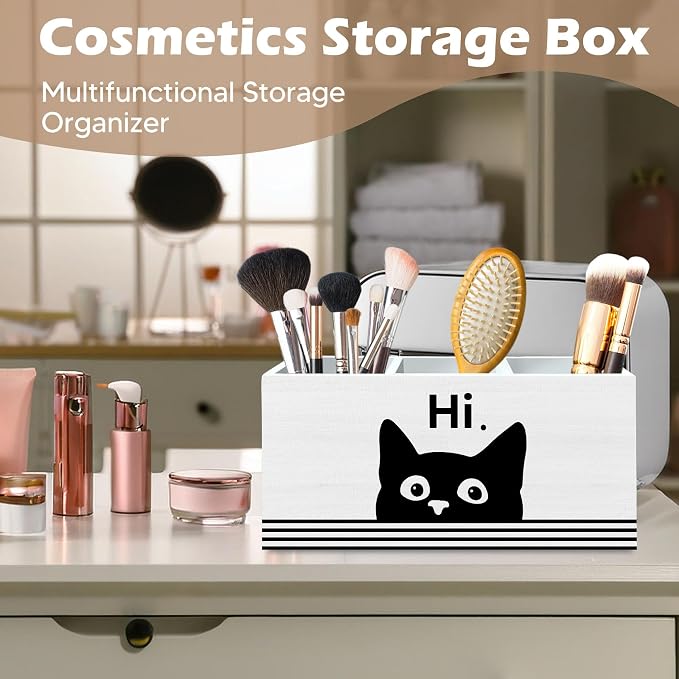 DILSJ Funny Black Cat Pen Pencil Holder Organizer for Desk, Black Cat Lovers Gifts for Women Men, Gifts for Pet Lovers, Hi Funny Kitten Wooden Box Signs for Home Office Desk Tabletop Decoration