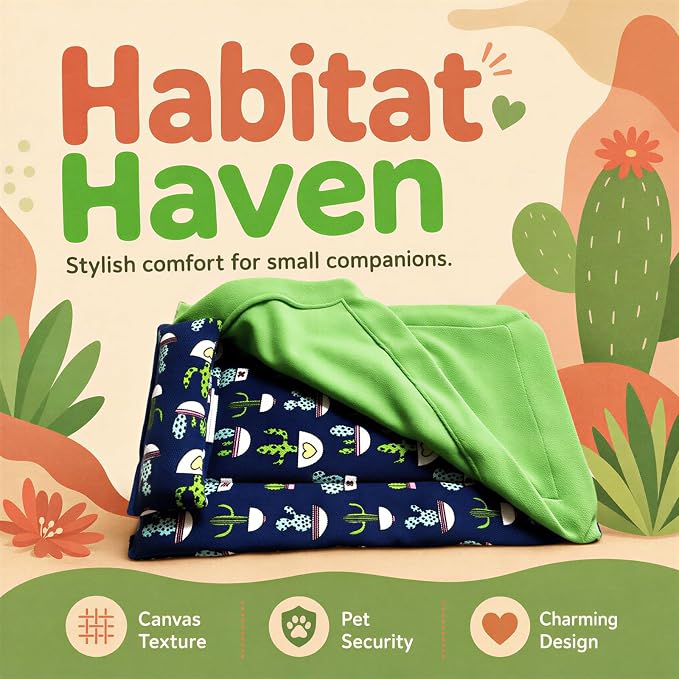 Reptile Sleeping Bag with Pillow and Blanket, Soft Canvas Bearded Dragon Sleeping Bag, Cactus Pattern Hideout Habitat, Cozy Bed for Leopard Gecko, Lizard, Hamster, Small Pets, Blue and Green