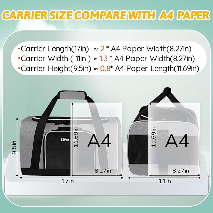 Small Pet Carrier 17" L x 11" W x 9.5" H Airline Approved, Grey | for Alaska Airlines, Lockable Safety Zippers and Anti-Scratch Mesh, Pets Under 10 lbs