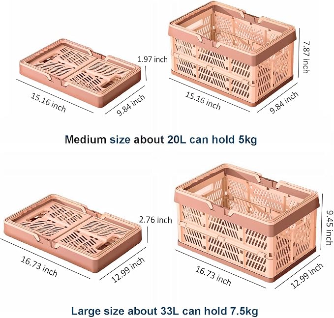 Collapsible Storage Crate with Handles, Milk Crates，33L Foldable Plastic Shopping Basket, Organizer Container for Car Home Pinic (Light pink, Large)