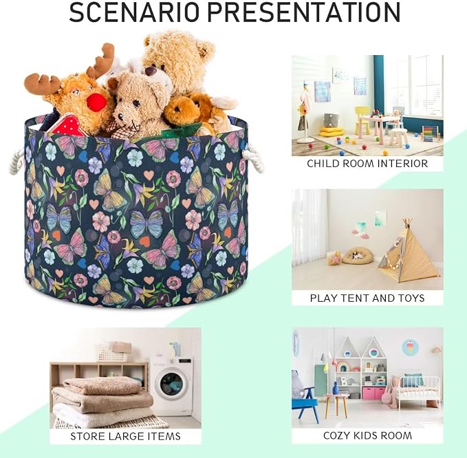 Butterfly Floral Collapsible Round Storage Basket with Handles | Floral Print Large Laundry Baskets Hamper, Clothes Organizer Bin for Nursery Bedroom Living Room Decor, 20x 20x 14 Inches