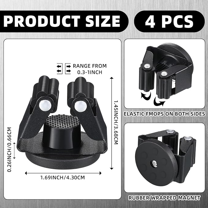 Vercraft 4 Pcs Magnetic Broom Holder Wall Mounted Anti Slip Rack,Black | Movable Magnetic Organizer for Mops Brooms, Dual Roller Grip, Wall Storage for Garage Kitchen Laundry Garden Tools