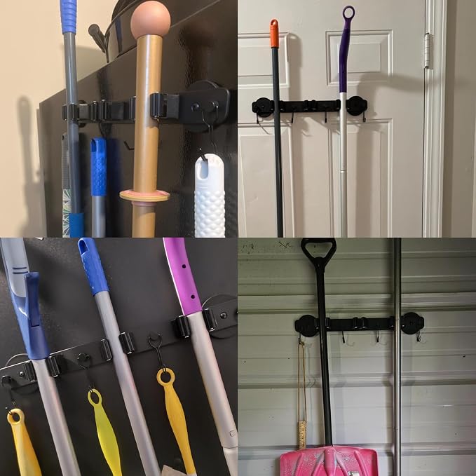 Heavy Duty Magnetic Mop Broom Holder with Swivel Hooks | Strong Magnet Mount Tool Hanger Organize System Utility Rack for Refrigerators Laundry Garage Kitchen