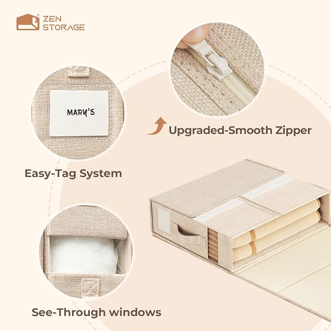 Sheet Organizers and Storage for Linen Closet, 6Pack Beige | 1200D Linen-Type Cloth, Fits King and Queen Sheet Sets, Clear Window and Label Slot, Foldable Dustproof Storage with Handle