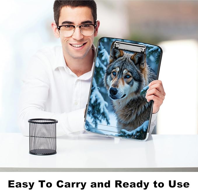 A4 Clipboard with Storage Pen Holder, Clipboards Organizer Nursing Clipboard Foldable File Folder Plastic Clipboard Folio Clip Board for Office Work Classroom Doctor, Snow Forest Wolf