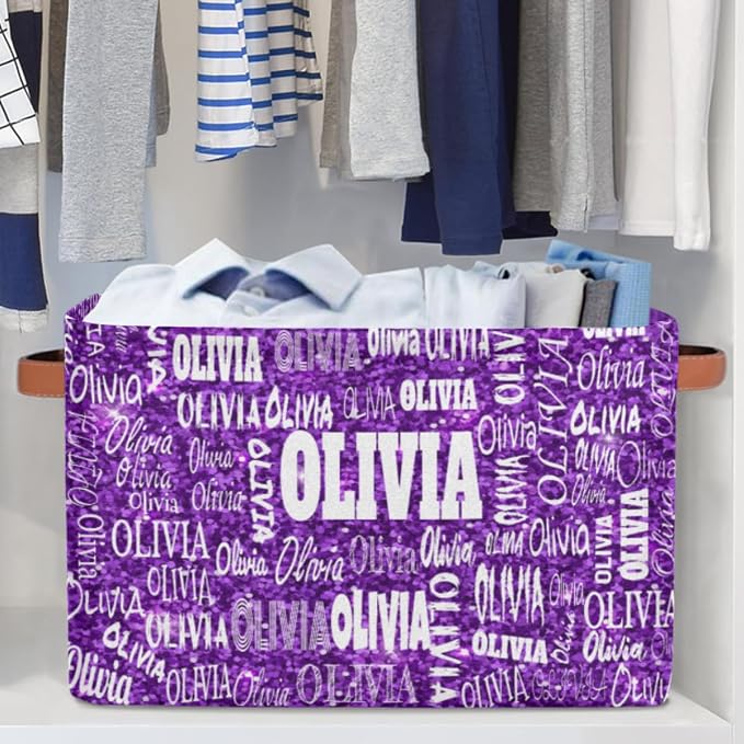 Personalized Storage Bins, Bright Color Purple Sequins Pattern Print | Organizing Boys Girls Pets Toys Closet Shelf Clothes Books