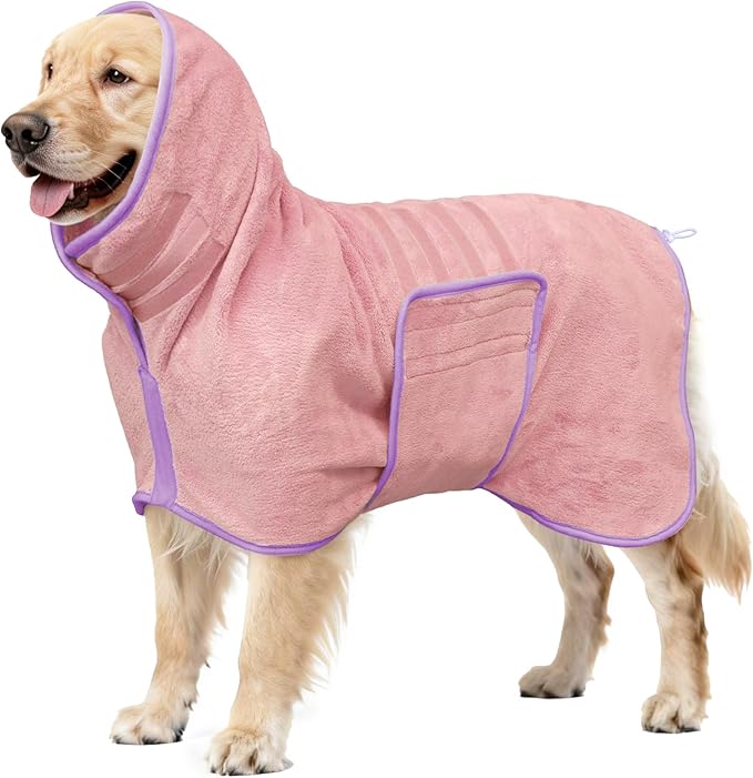Soft Dog Bathrobe Fast Drying Dog Coat, Super Absorbent Dog Towels for After Bath, Microfiber Pet Robe Adjustable Collar & Belly Warm Keeping Dogs Coat for Pet Dogs & Cats (Pink, X-Large)