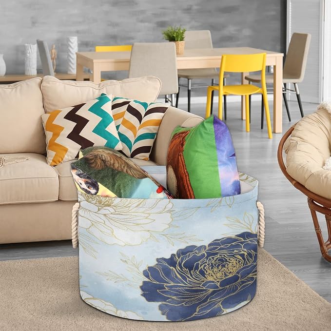 Large Storage Baskets - Blue Gold Peony Floral Nursery Organizer Bin Box with Handles Collapsible Round Laundry Hamper for Kids Toys Pet Blanket, Bedroom Living Room Home Decor Gift Basket