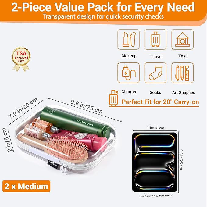 YQBRAO Clear Hard Shell Organizer Set, 2-Pack, White | Two medium rigid PET organizers for beauty, travel, office supplies and everyday organization