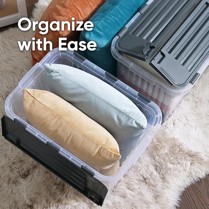 Superio Clear Storage Boxes with Attached Lids, Plastic Container Bins with Hinged Lids for Organizing, Stackable Crates, BPA Free, Non Toxic Organizers, 19 Quart (6 Pack, 17"x11.65"x8.75")