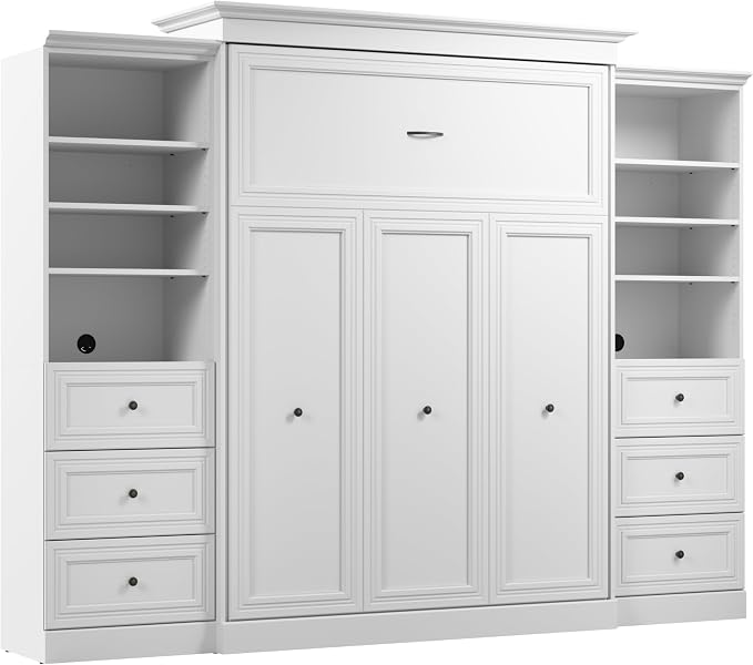 Bestar Queen Murphy Bed with 2 Closet Organizers, White, Versatile, 115W | 2 Closet Organizers with Drawers; supports up to 1000 lb; min. ceiling height 92 in.; dual piston mechanism; 10-year warranty