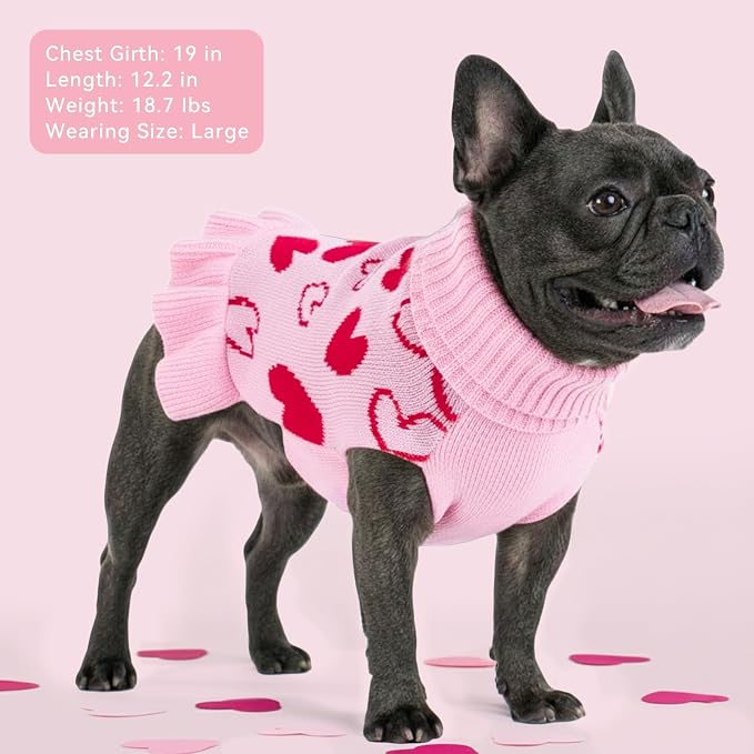 cyeollo Valentines Dog Sweater Dress, Turtleneck Pullover Heart Outfit