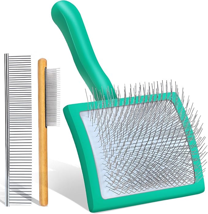 Slicker Brush for Dogs, Large Long Pin Dog Grooming Brush for Doodles Goldendoodles Poodles Labradoodle Bernedoodles, 3 Pcs Wooden Handle for Mats Tangles - Green