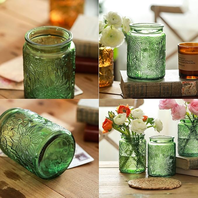 2-Pack Green Vintage Glass Jars, 23.7 oz Sunflower Embossed Food Canisters | Pantry organizer, coffee bean holder, tea container, sugar keeper, cookie holder, candy bin, oatmeal holder, countertop decor