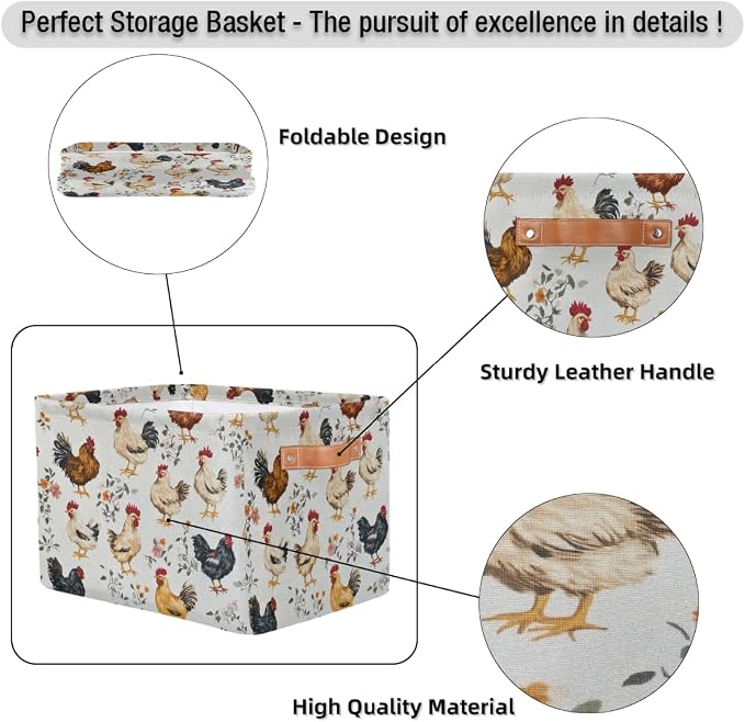 Chicken And Chicks Rectangular Storage Bin Collapsible Storage Basket Organizer Boxes with Leather Handle Storage Cube for Shelves Toy Laundry Nursery 1 PC