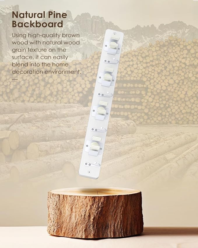 Broom Holder Wall Mounted, 2 Pack White 4 Holders and 4 Hooks Mop Holder, Wooden Mop and Broom Holder with Anti slip rubber, Natural pine wood Brush Holder, Mop Wall Holder with Nail installation | Mop Holder Wall Mount and Broom Hanger for Garage, Lau...