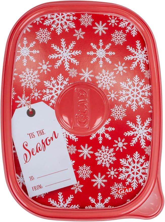 Glad GladWare Holiday Food Storage Containers, Large Rectangle, 48 Oz, 3 Ct | BPA-free plastic, reversible gift tags included, microwave, freezer, and dishwasher safe, 64 oz, gifting