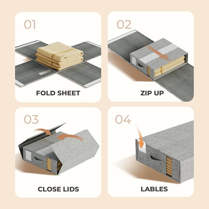 Sheet Organizers and Storage for Linen Closet, 12Pack Grey | 1200D Linen-Type Cloth, Fits King and Queen Sheet Sets, Clear Window and Label Slot, Foldable Dustproof Storage with Handle