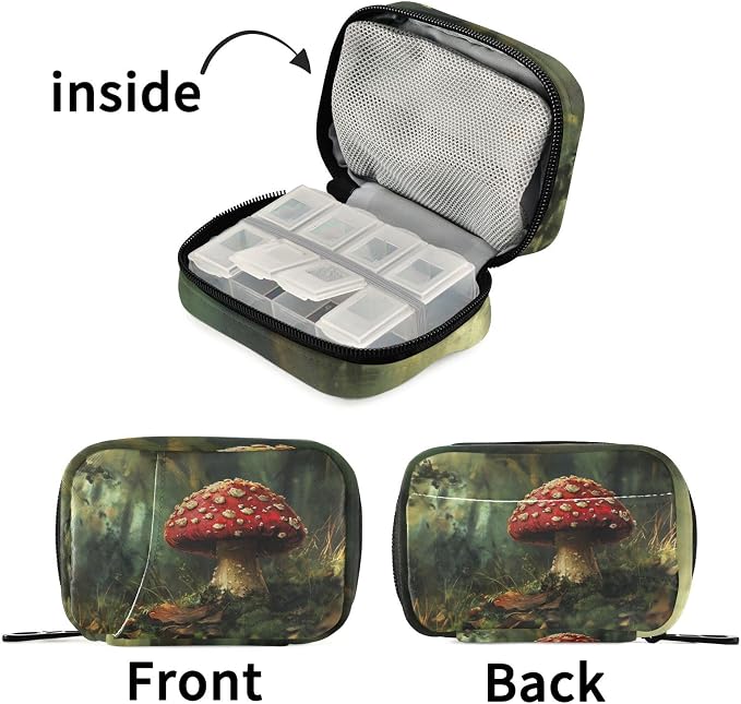 Fustylead Retro Aesthetic Amanita Mushroom Oil Painting Travel Pill Organizer Case Zipper for Purse with Removable Weekly Pill Box for Medicine, Vitamin, Supplement Medicine Organizer