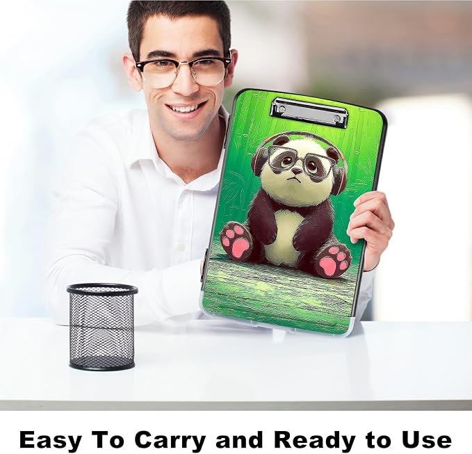 A4 Clipboard with Storage Pen Holder, Clipboards Organizer Nursing Clipboard Foldable File Folder Plastic Clipboard Folio Clip Board for Office Work Classroom Doctor, Forest Panda