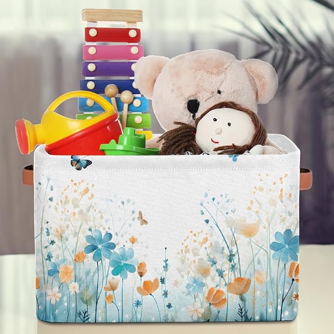 Watercolor Flower Butterfly Rectangular Storage Bin Collapsible Storage Basket Organizer Boxes with Leather Handle Storage Cube for Shelves Toy Laundry Nursery 2 PC
