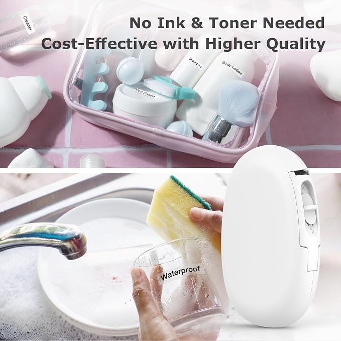 SUPVAN E10 Bluetooth Label Maker Machine with Tape, White | Fits Continuous & Die-Cut Waterproof Label, Easy App Editing, Rechargeable, Inkless, for School, Home, Kitchen, Office