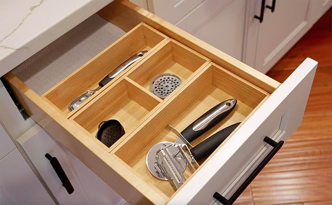 Drawer Organizer Storage Boxes, 2.5" High Bamboo Drawer Dividers, 3 Rearrangeable Bins for Kitchen, Office Desktop, Clothing, Makeup, vanity, Jewelry