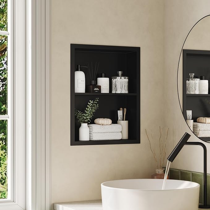 Qeke 14x 18 Medicine Cabinet Recessed with Double Shelves, Matte Black | 304 Stainless Steel Medicine Cabinet without Mirror, No Tile Needed Wall Niche for Bathroom Storage, Space Saving & Durable