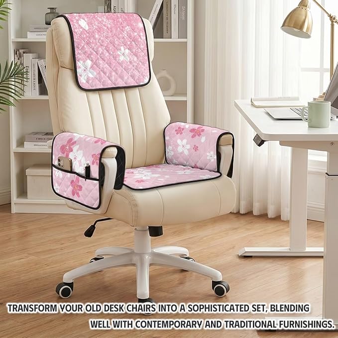 Cherry Blossom Recliner Chair Covers Pink 4 Piece Quilted | Recliner Chair Slipcovers with Arms Non Slip Armchair Cover with Pockets,Stain Resistant Furniture Protector for Living Room