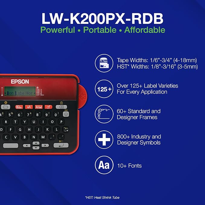 LABELWORKS Epson LW-K200PX-RDB Keyboard Label Maker - Red & Black