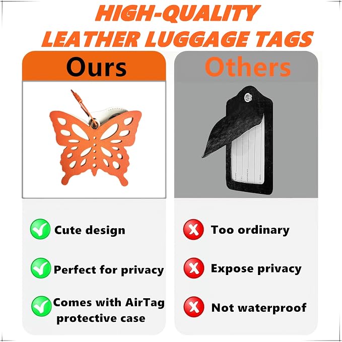 PU Leather Luggage Tag with Airtag Holder Case Set and Name ID Label | Hidden Compartment for AirTag Travel Suitcase Tracking Case with Stainless Steel Loop,Cute Fruit Plant Styles,Butterfly