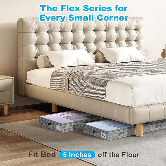 5 Inch Low Profile Under Bed Storage Drawer 4 Pack, Lightweight Underbed Clothes Storage Container Bins With NO STURCTURE, Shallow Storage Bag for Dorm & Home, With Clear Lids & Water-Resistant Fabric