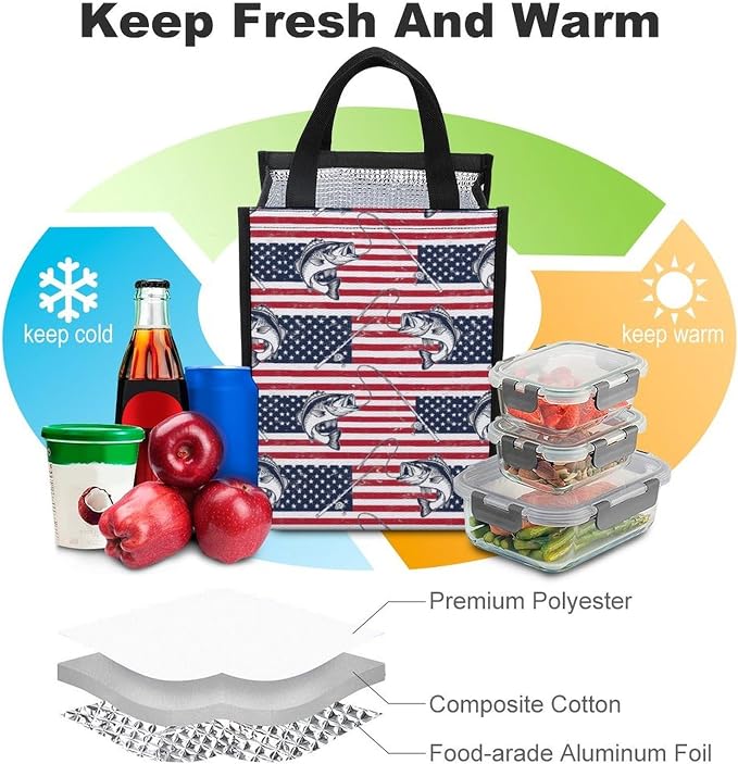 Portable Insulated Lunch Bag Thermal Lunch Box Compatible with American Bass Fishing Lure Flag Food Containers Bags Picnic Camping Cooler Tote Bag