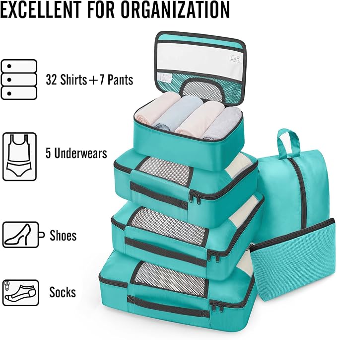 Veken 8 Set Packing Cubes for Travel Essentials, Suitcase Organizer Bags in 4 Sizes, Carry-On Luggage Accessories with Laundry Bag, Airplane Must Have with 99-Count Mesh Holes