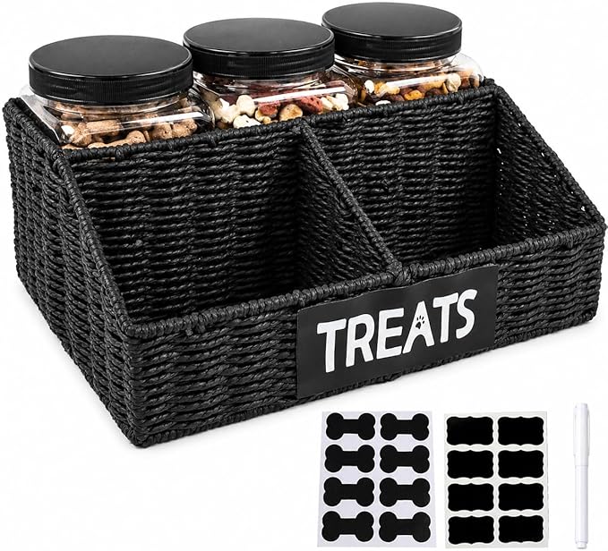 Trapezoidal Dog Treat Container Airtight,3-Compartments Dog Treat Organizer,Dog Treat Storage Countertop,Pet Caddy,Great Gift for Pet Dog Owners-Black Wicker Basket
