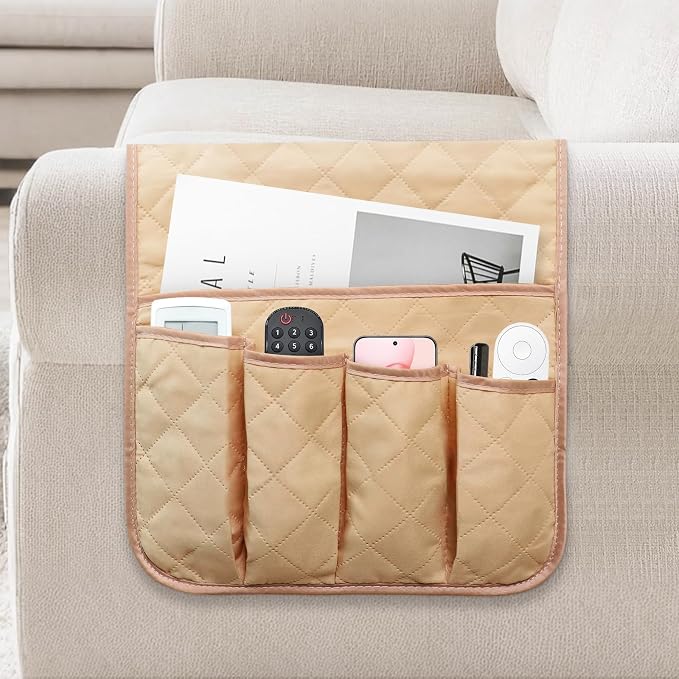 Armchair Caddy for Recliner, Non Slip Sofa Arm Organizer, Khaki | 5-Pocket Recliner Armrest Organizer, Couch Side Storage Holder for Remotes, Cell Phone, Magazines & Tablets, Machine Washable