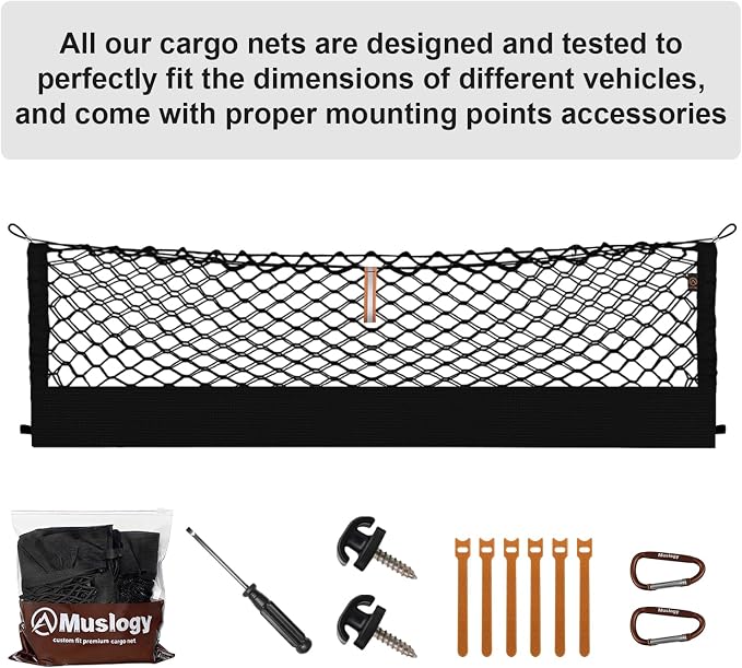 Muslogy Cargo Net for Toyota RAV4 2019-2024 2025 Accessories | Custom Fit, Trunk Storage Organizer Net for SUV Sedan Van Divider, with Heavy Duty Carabiners, Night Visible Grab Handle