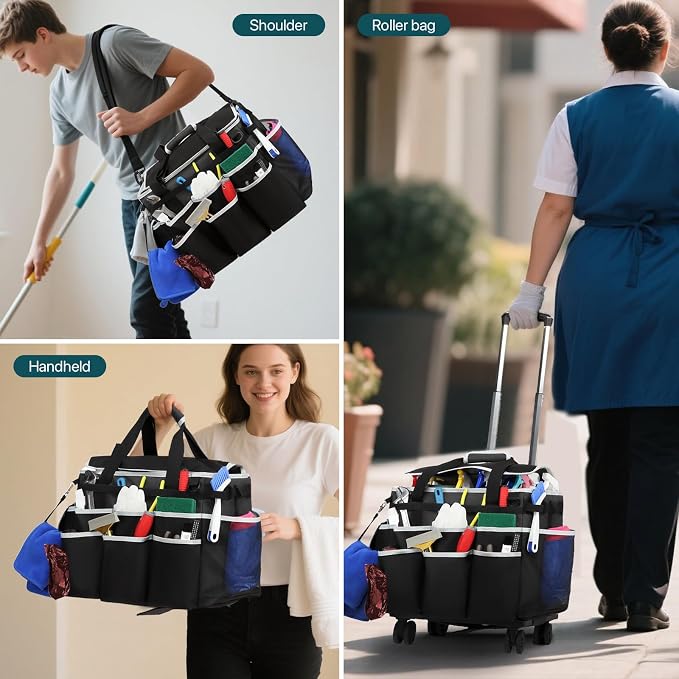 Large Rolling Cleaning Caddy Bag with Detachable Trolley, Full Support Plates for Professional Cleaning Supplies Bag, Organizer Bag with 4 Universal Wheels for Housekeepers, Car Wash