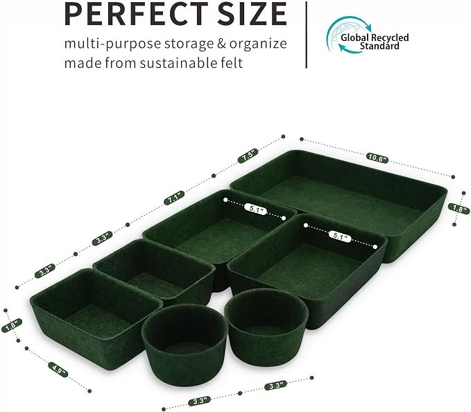 Welaxy Felt Desk Drawer Organizer Tray 7pc Storage Bin Minimal Forest Green