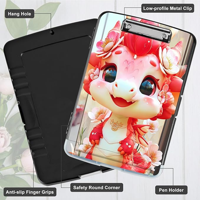 A4 Clipboard with Storage Pen Holder, Clipboards Organizer Nursing Clipboard Foldable File Folder Plastic Clipboard Folio Clip Board for Office Work Classroom Doctor, Pink Dragon