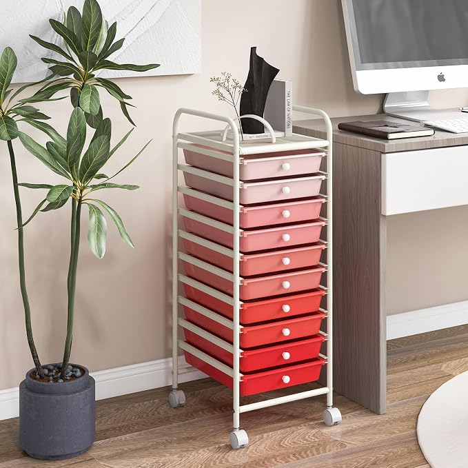 10 Drawer Rolling Storage Cart, Organization Cart with Drawers for Craft Makeup Paper Tool Art Supply, Versatile Utility Cart on Wheels for Home Office Classroom School (Gradient Pink)
