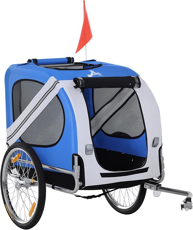 Aosom Dog Bike Trailer Easy Folding Cart Frame 20" Wheels | Pet Wagon Bicycle Trailer, Large Rubber Wheels, 3 Entrances, Mesh Screen, Off-Road and Travel