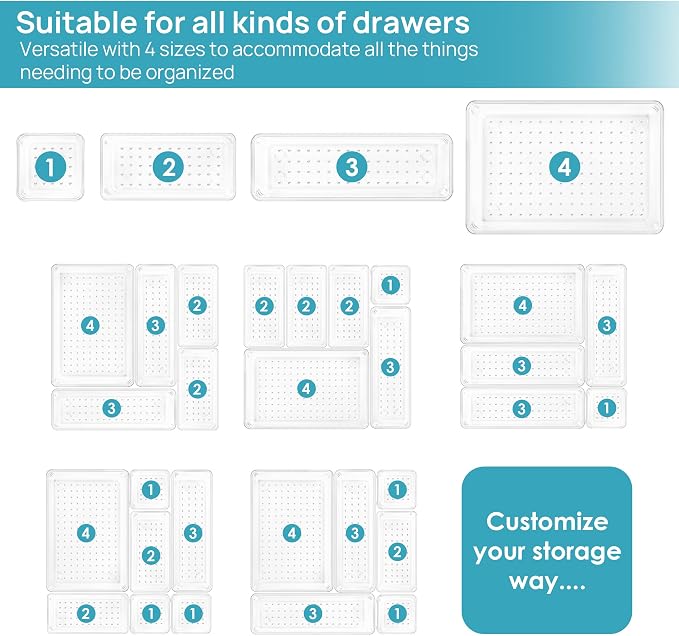 Vtopmart 25 PCS Clear Plastic Drawer Organizers Set, 4-Size Versatile Bathroom and Vanity Drawer Organizer Trays, Storage Bins for Makeup, Bedroom, Kitchen Gadgets Utensils and Office | 4-Size Versatile Makeup Organizer, Storage Containers Small Bins f...