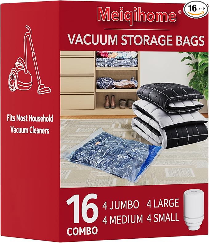 Vacuum Seal Bags for Clothing Travel & Home Storage, travel vacuum bags with pump, Store Blankets, Comforters, Pillows, Seasonal Clothes Compactly,16 Pack With Electric Pump