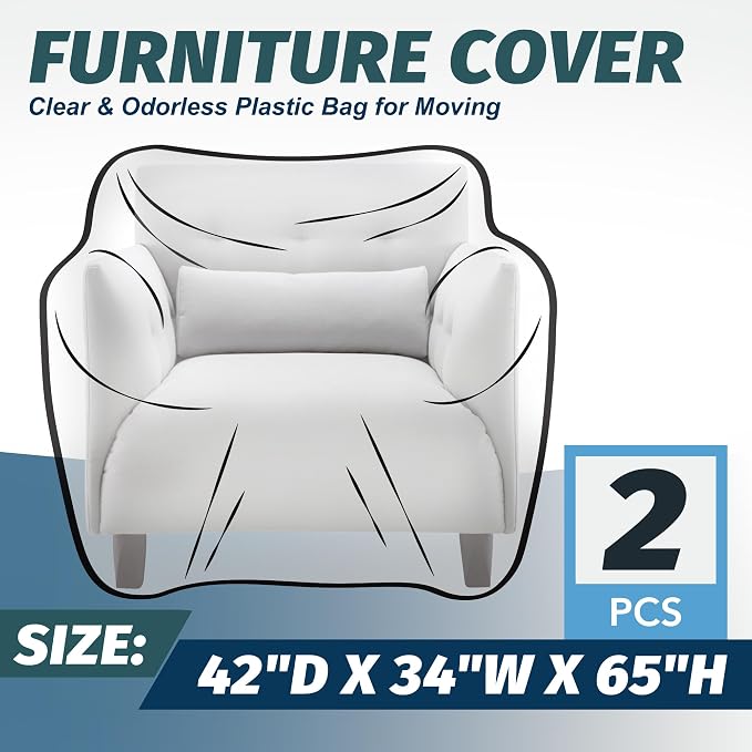2 Pack Clear Plastic Moving Chair Furniture Covers for Storage | Extra Large 65 x 42 x 34 Inch, Waterproof and Dust Proof With Label For Storage and Moving