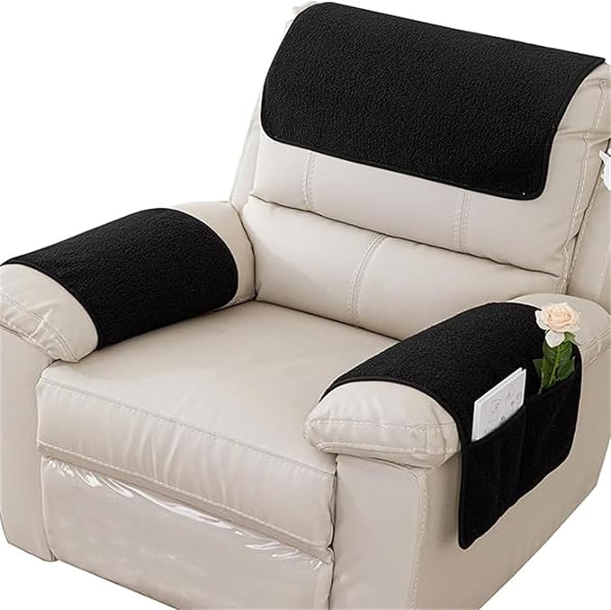 Sherpa Fleece Armrest and Headrest Covers with 2 Pockets | Soft fleece with nonslip silicone backing helps protect leather and fabric furniture from pet scratches machine washable